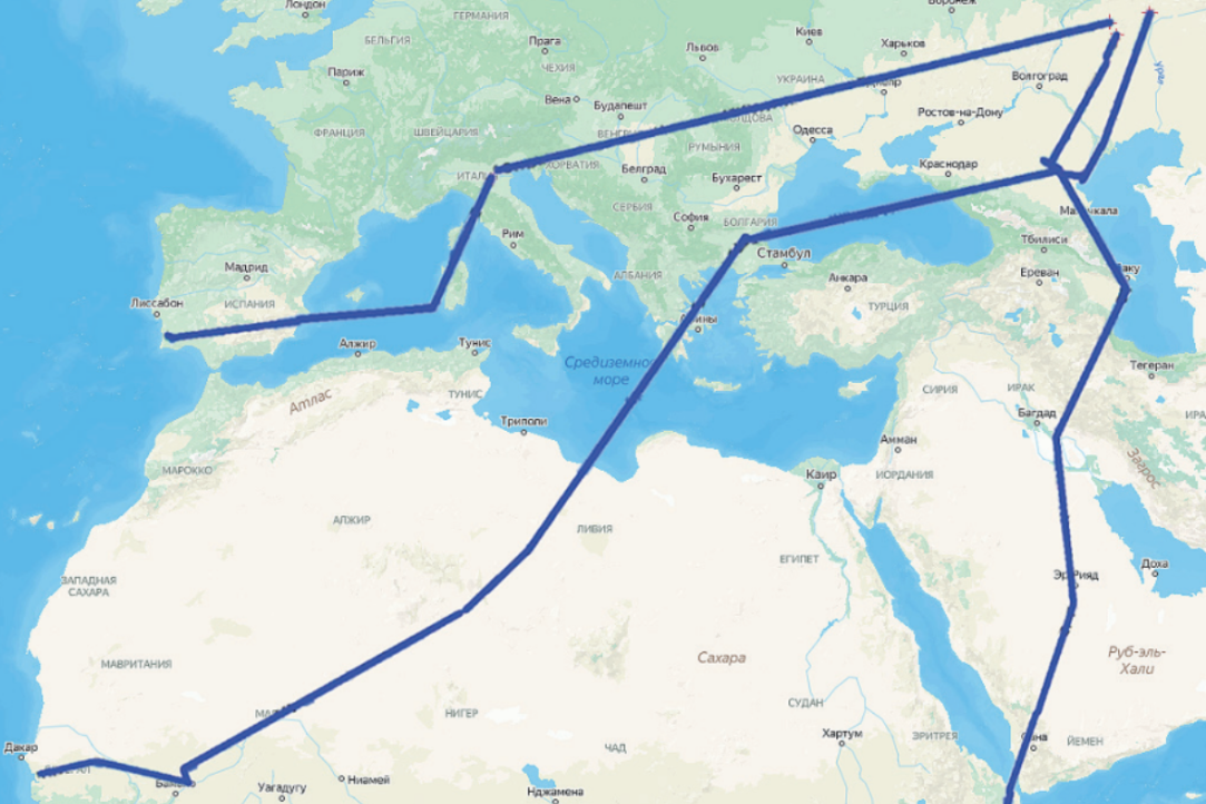 карта осенних путей миграции степного большого кроншнепа