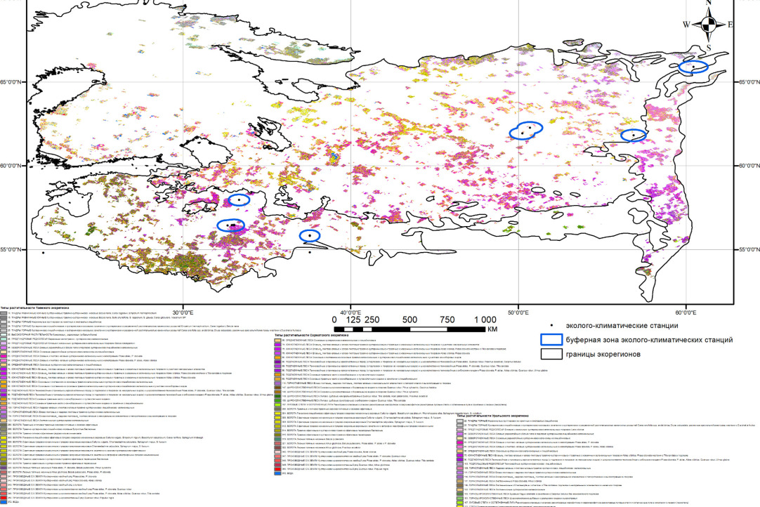 ЭКС с буферной зоной 37 км на карте территорий с характерным (типичным) сочетанием долей типов растительности