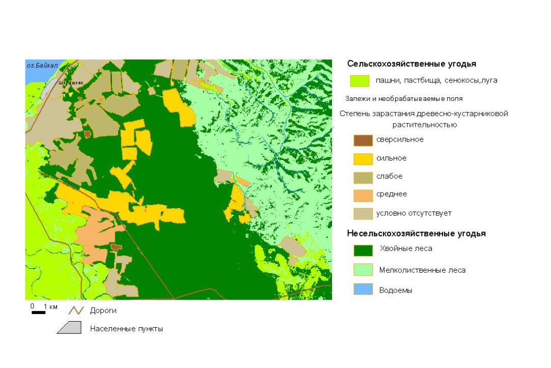 Карта степени зарастания сельскохозяйственных угодий древесно-кустарниковой растительностью придельтовой части р. Селенга
